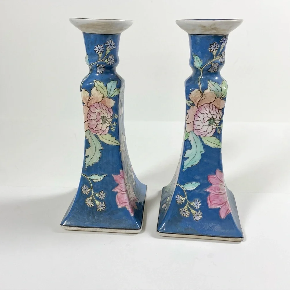 Vintage Chinoiserie Blue and White Floral Japan Ceramic Candlesticks Set of 2
